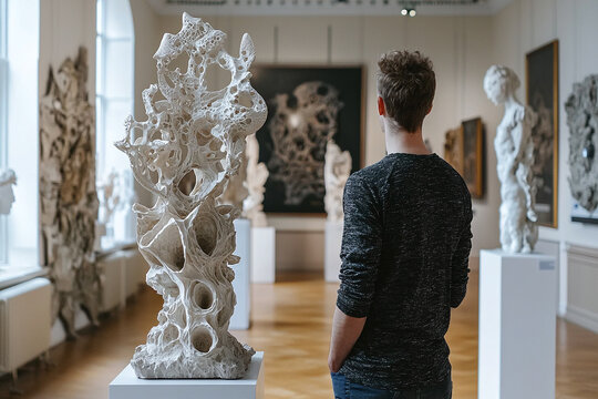 a man appreciating an intricate sculpture in a gallery.
