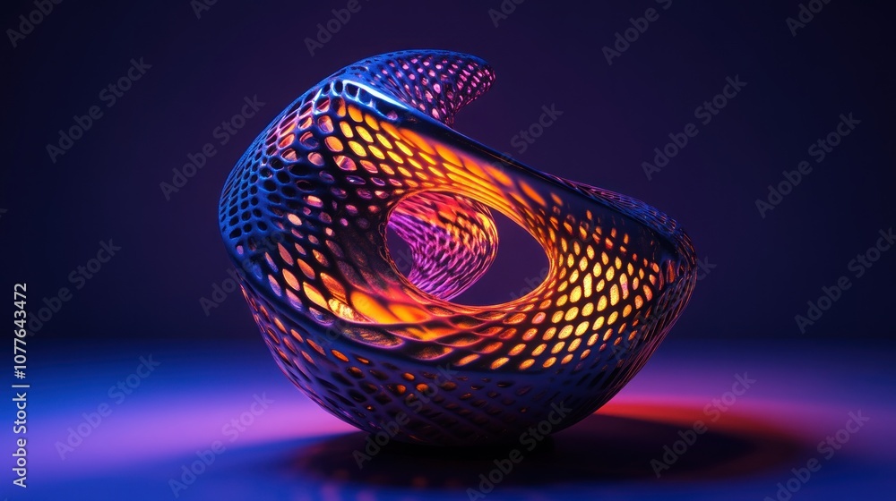 Poster abstract 3d render: intertwining metal forms with warm and cool lights