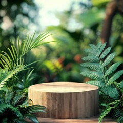 Mockup podium among green plants and ferns, wooden pedestal for product display, aesthetic green tones, colorful blurred garden in the background, generative ai