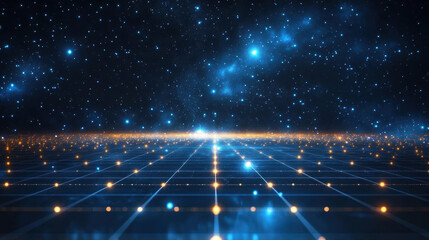 A futuristic digital landscape with glowing stars, intersecting lines, and a cosmic blue background suggests a vast, infinite universe.