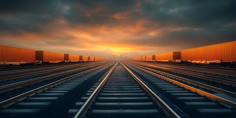 Fototapeta premium Maglev cargo trains gliding through a futuristic biopunk infused intermodal logistics hub at dusk Showcasing frictionless high speed transport modular containerized freight