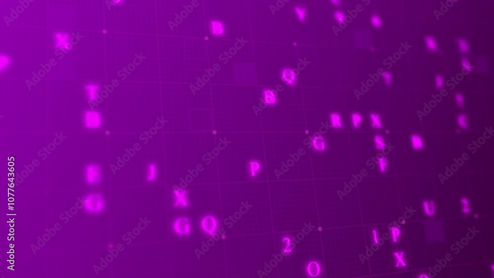 Poster purple glowing letters and numbers matrix abstract background, horizontal composition. technology ba