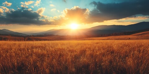 Golden Sunset Over Rolling Hills and Wheat Field