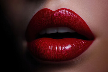 Fototapeta premium Close-up of feminine lips with bold, glossy red lipstick against a dark background, highlighting sensuality and elegance.
