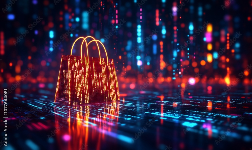 Poster a glowing red shopping bag with a digital pattern sits on a futuristic, neon-lit digital surface.