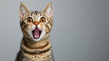 Fototapeta premium Playful Tabby Cat with Wide-Eyed Expression Against Neutral Background