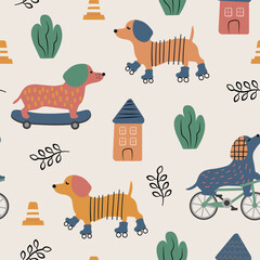 Dogs in the cite seamless pattern. Cute cartoon dogs on a skateboard, bike and rollers  in flat style.	