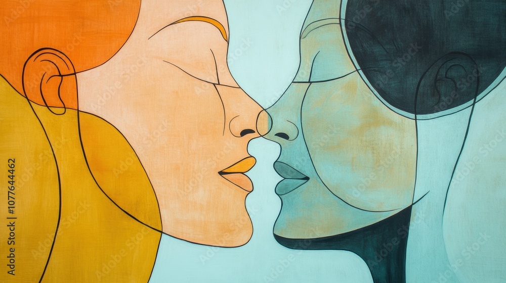 Aufkleber Two abstract silhouettes in soft pastel shades exhibit an intimate connection, emphasizing communication and empathy between them. Generative AI