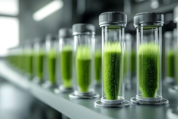 Comprehensive examination of microalgae biomass in a sustainable biofuel research facility showcasing vibrant colors precise technical details