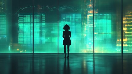 Fototapeta premium Silhouette of a Woman Against a Futuristic City Skyline