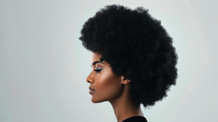 Stunning profile of a black woman with a vibrant afro, showcasing natural beauty and glowing skin against a clean backdrop.