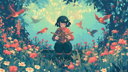 Girl Playing Music in a Flower Field