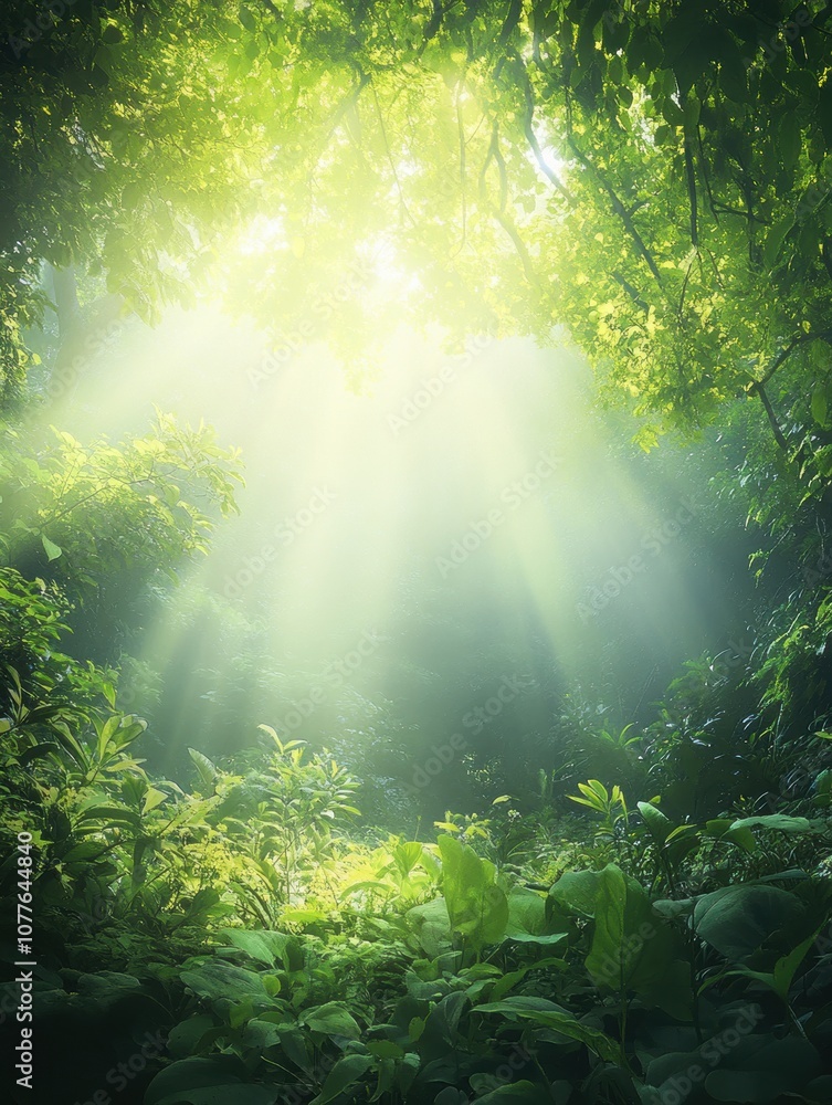 Aufkleber Sunlight filters through dense leaves, illuminating a tropical forest, creating a tranquil and vibrant natural setting during the day. Generative AI