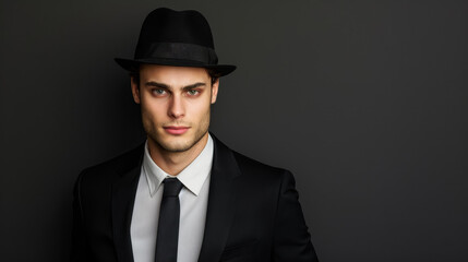 A suave man exudes confidence in a sleek black suit and hat, standing against a dramatic dark backdrop.