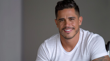 A handsome Hispanic man sits relaxed in a wheelchair, showcasing a confident smile and a natural profile.