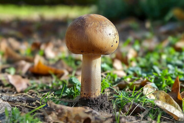 A mushroom is sitting on the ground in a grassy area