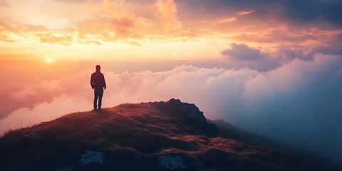 Obraz premium Silhouette of a man standing on mountain peak at sunrise with clouds and sky in the background