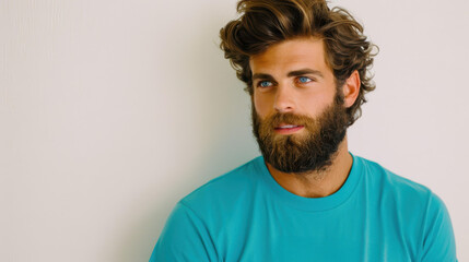 Obraz premium A confident man with a beard in a volunteer tshirt poses effortlessly against a white backdrop, exuding calm charm.
