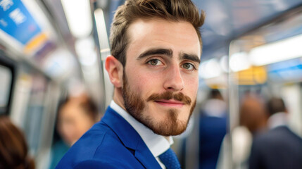 Fototapeta premium A stylish man stands confidently in the subway, capturing attention with his striking profile and direct gaze.