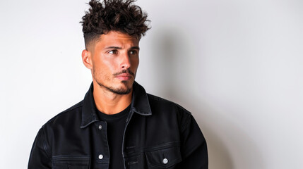Obraz premium Confident young man in a relaxed profile pose, exuding charm and charisma against a clean white backdrop.