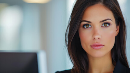 Young businesswoman confidently working on a computer, showcasing modern tech and professionalism in her office.