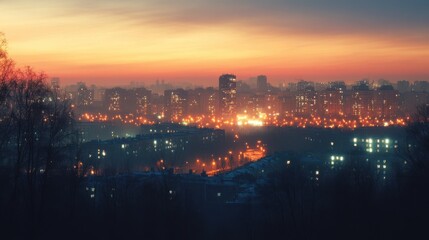 Obraz premium A breathtaking view of a city skyline as the sun sets, casting a warm glow over the buildings.