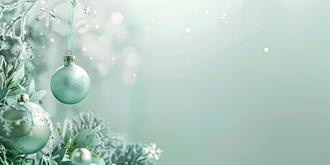 Frosted mint green ornaments adorned with snowflakes against a light, soft-focus wintery background.