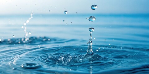 Water droplets suspended in mid-air against a blue water background, liquid suspension, gentle ripples, aquatic scene