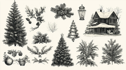 Obraz premium Watercolor Christmas symbols set. Hand painted winter plants, fir, red Christmas ball, holly, mistletoe. Holiday floral and objects vector illustration for design, print, background, greeting card.