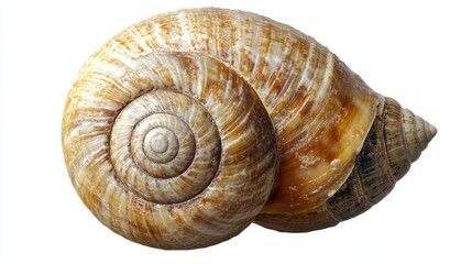 A close-up of a snail shell, showcasing its intricate spiral pattern and warm, earthy tones.