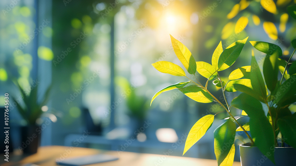 Poster concept of a green office space, captured with a blurred effect to highlight the serene and peaceful