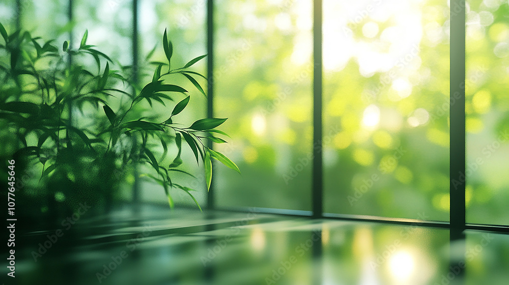 Poster concept of a green office space, captured with a blurred effect to highlight the serene and peaceful