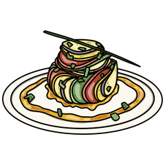 Fresh baked ratatouille on white plate with delicious sauce