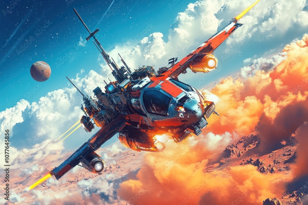 Poster a futuristic spaceship flies through a red and orange cloudy sky with a red planet in the background