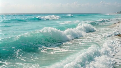Obraz premium Waves gently rolling over turquoise ocean surface with white foam creating a soft mist in the air, underwater world, atmospheric conditions, gentle movement, sea foam, calm waters