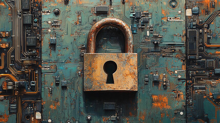 Cyber security concept depicting a padlock on top of a microchip board, symbolizing protection, safety, and secure connections in the digital world network 4.0