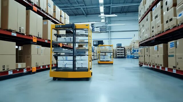 lves filled cardboard boxes realistic presents future robotics automation high tech 4K robot business car box cargo floor system distribution center transport line three-dimensional ai innovation