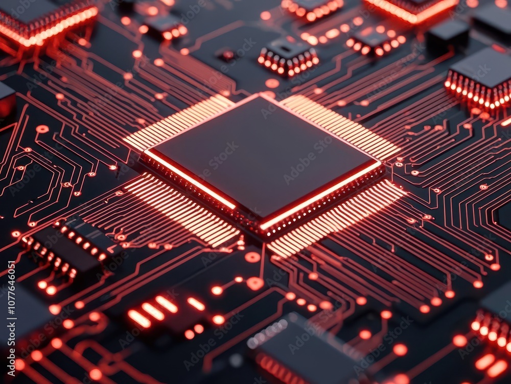 Aufkleber a close-up of a circuit board with vibrant red highlights, showcasing intricate connections and a ce
