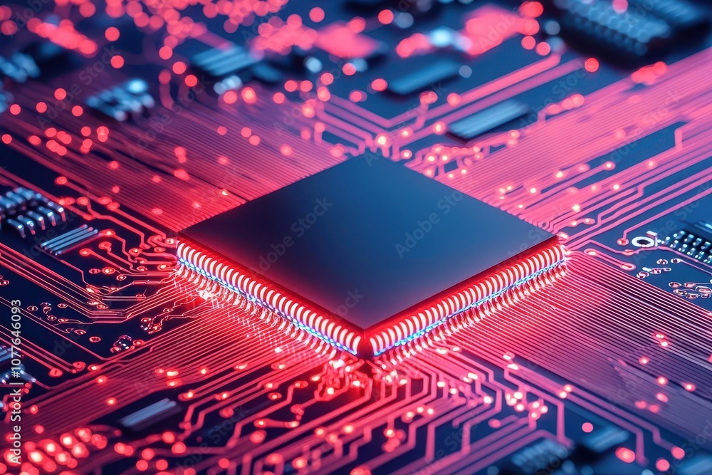 Aufkleber a close-up view of a glowing microchip on a circuit board, showcasing intricate details and vibrant 