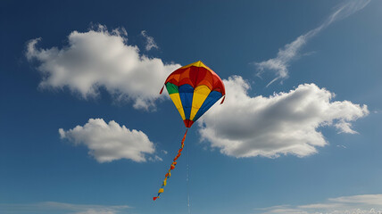Floating kite high up in an open sky. Background