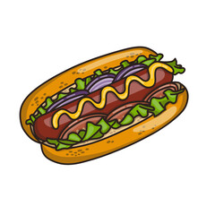 Delicious hot dog with mustard and vegetables