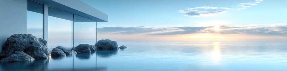 Obraz premium Serene coastal view with modern architecture and tranquil water.