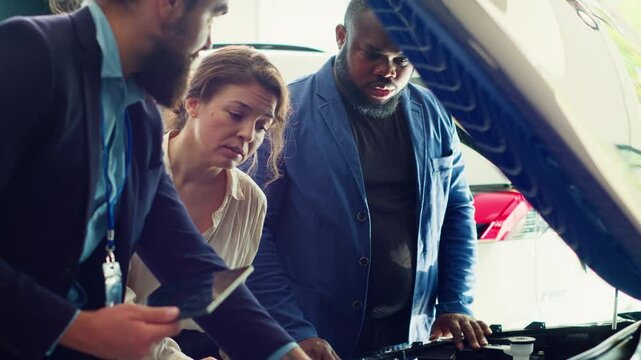 Salesman showing components under car hood to customers, hoping to close deal. Showroom agent trying to persuade clients make purchase by presenting parts used for make vehicle, camera A