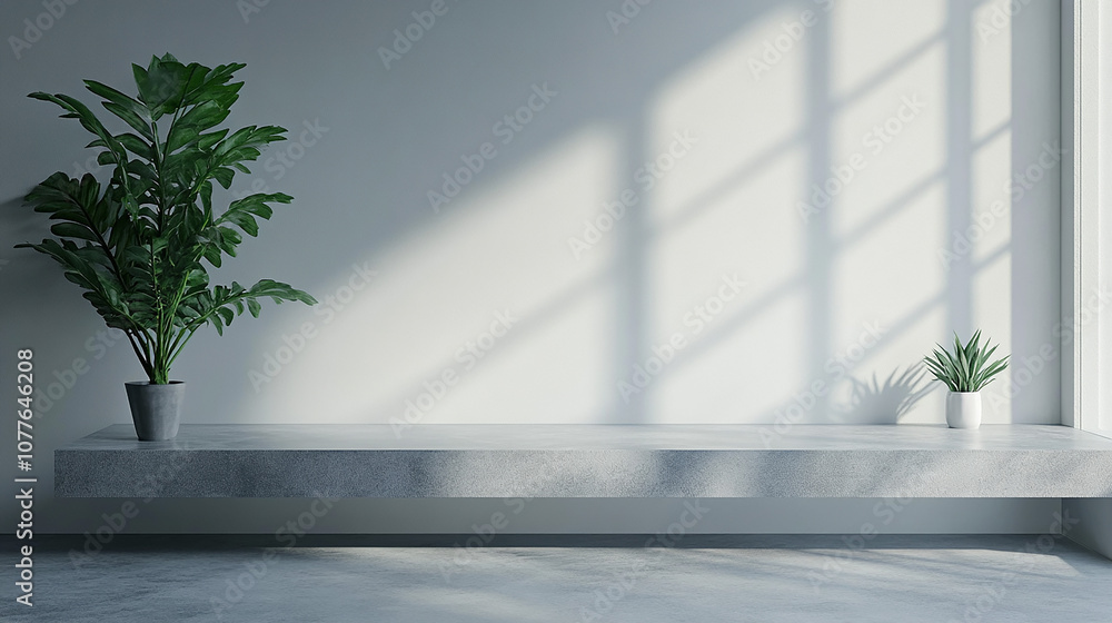 Poster 3d studio room with a podium on a white background. empty floor and concrete wall with shadow overla