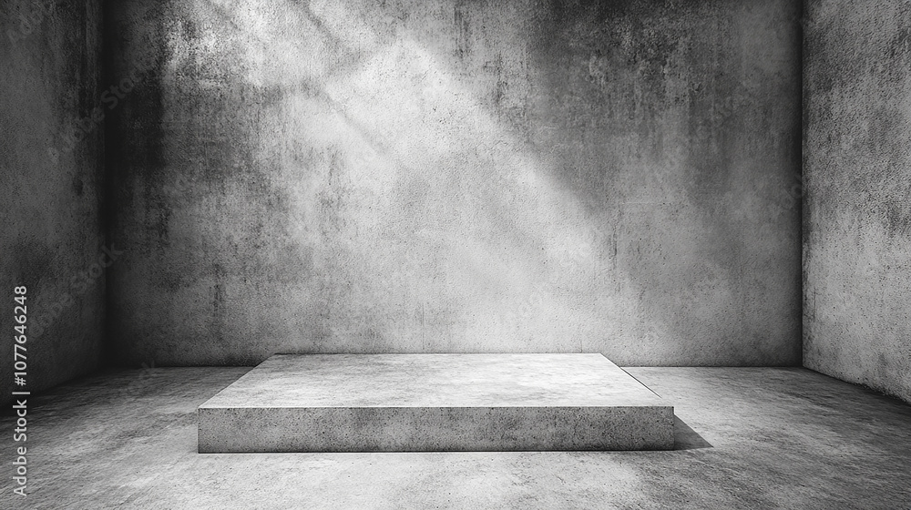 Poster 3d studio room with a podium on a white background. empty floor and concrete wall with shadow overla