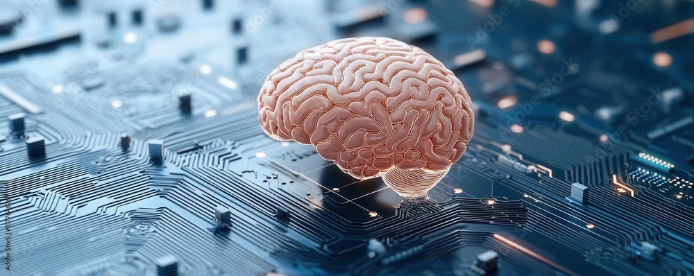Poster a digital brain sits atop a circuit board, symbolizing the intersection of technology and neuroscien