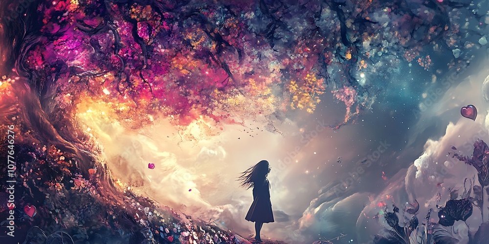 Poster silhouette of a woman in a dreamlike landscape with colorful tree and floating objects