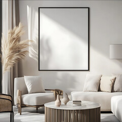 American model with a 50x70cm frame containing a blank white poster in Ibiza