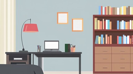 Fototapeta premium Cozy Study Room Interior with Bookshelf and Desk Setup: Organized Space Featuring Favorite Books, Desk Lamp, and Comfortable Bed for Productive Study Sessions