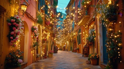Fototapeta premium Charming Cobblestone Alleyway Illuminated by Twinkling Fairy Lights